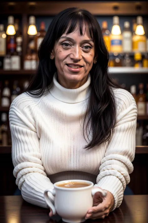 an extremely close portrait of detailJanaLink3S1ppl in a bar, ((wearing a high neck poloneck sweater)), a smile, headshot, looking at the camera, facing the camera, dynamic lighting, photorealistic, high detail
