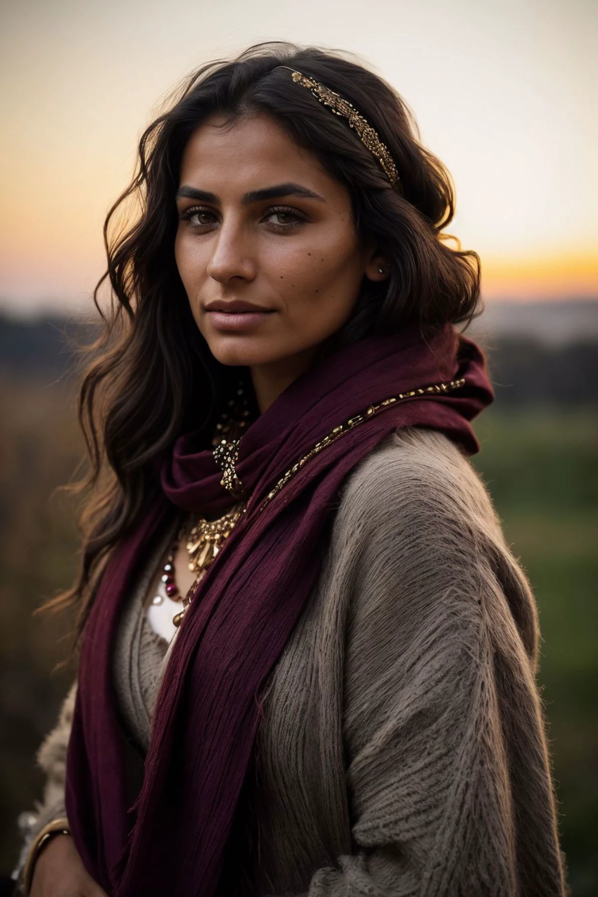 emotional photo of gypsy woman Deidre in rugged ornamental clothes, (clean hands pose,:1.2) gypsy ornate headband, dark suntanned skin, long messy hair, (red scarf:1.1), native ethnic gold necklace, face, perfect teeth, 8k uhd, high quality, film grain, looking at viewer, portrait, (skin pores:1.2), (moles:0.8), (imperfect skin:1.1), intricate details, goosebumps, flawless face, ((photorealistic):1.1), (raw, 8k:1.2), hyper realistic, HDR, cinematic, dark, muted colors, atmosphere, ((macro lens)), after dusk, outdoors