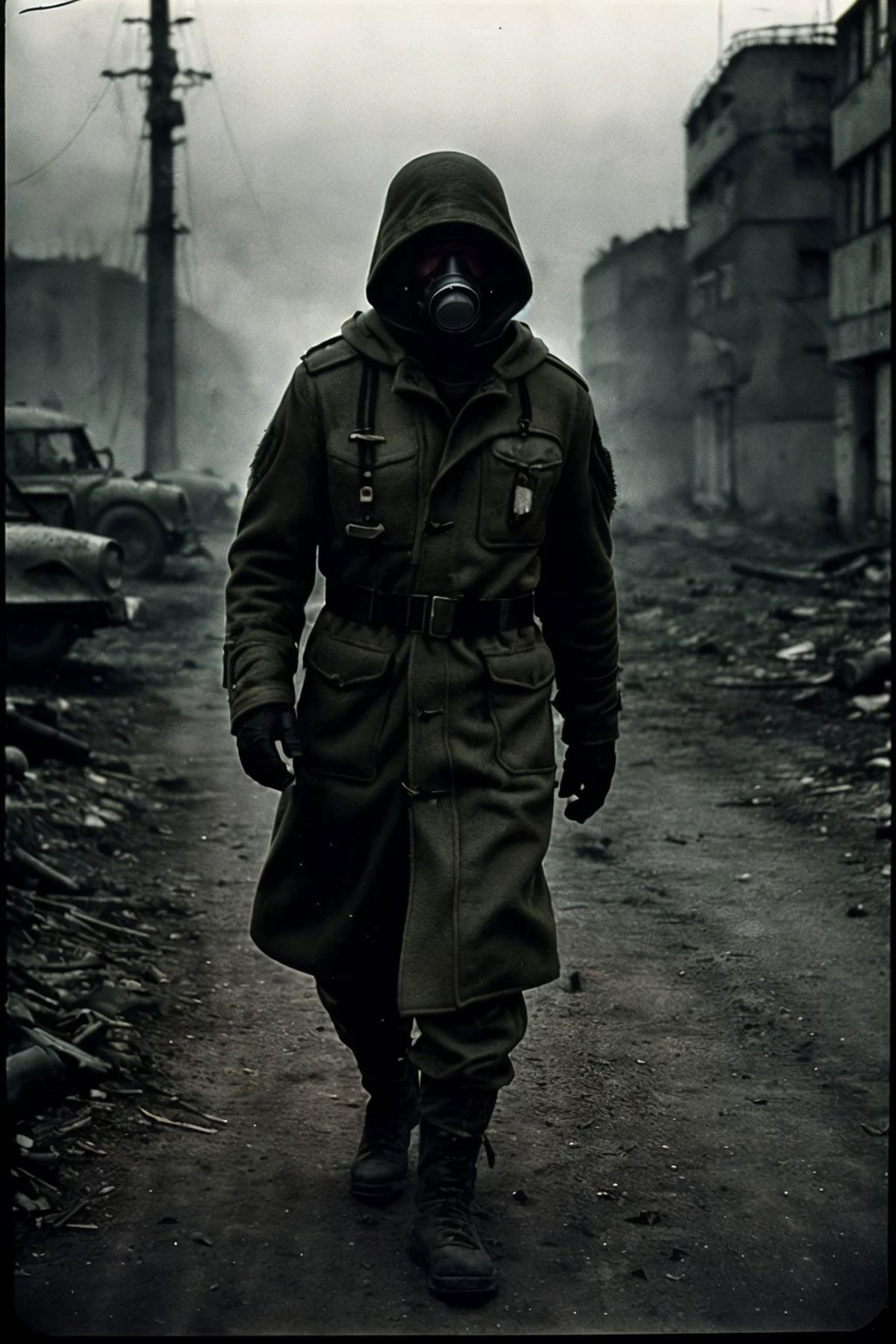 war photography, full body shot, poland, special forces operator, modern soldier gear, gas mask with filters and pipes, (olive and tattered hooded coat:1.4), large backpack, in dead soviet city, (s.t.a.l.k.e.r.:1.2), post apocalyptic mood,, (1960's war mood, analog, high contrast, hard shadows, vignetting, by Eddie Adams, made with Asahi Spotmatic SP:1.45)