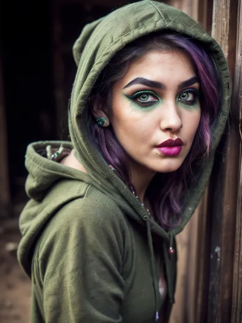 Grunge style, RAW photo of girl, Arabic, dressed, wearing Sweater Dress, Medium long shot, from behind, random hairstyle and color, random eyebrows style, extremely detailed face eyes lips, heavy makeup, blusher, eye shadow, eyeliner, mascara, lipstick, lip liner, (high detailed skin:1.2), 8k uhd, dslr, soft lighting, high quality, film grain, Fujifilm XT3 <lora:GoodHands-beta2:1>,, (face:Pear-Shaped Face, Hooded Eyes, [eye color green], Nose with an Aquiline Shape, full lips, lower cheekbones, double chin),, Textured, distressed, vintage, edgy, punk rock vibe, dirty, noisy<lora:depth_of_field_slider_v1:1.0>