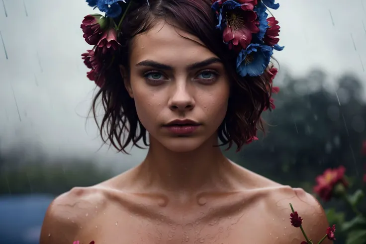 artistic photography, medium full shot of 1girl ,beautiful, masterpiece, hyperdetailed, adult, wet, Cara Delevingne, (toned muscular physique:1.25) , soaked wet short burgundy hair, voluptuous, tight short dress, flat colors, vivid colors (wind blows:1.42), (blue, red, pink, flower clusters: 1.35), (looking at viewer) Deep view, (lights:1.1), (flower clusters: 1.1), posing like a slut, ((rain)), rainy day with sun (detailed skin textures:1.1), realistic, epic character composition, by ilya kuvshinov, alessio albi, nina masic, sharp focus, natural lighting, subsurface scattering, f2, 35mm, film grain,