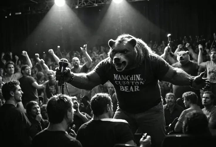 cinematic film still (hybrid:1.2) of ([human:bear:0.1]:1.3) , bear head, grizli head, source_furry, band of bears, many bears, (5bears:1.3),  in a club, (metal band, concert:1.3), t-shirt,  playing gitat, dribble, water, drivel, from above ,(scream to microphone:1.3), (wide shot:1.3), .score_9, score_8_up, score_7_up,score_6_up, dynamic,  angry, mad, (black and white, monochrome:1.4), sharp, hard spot light, detailed, film grain, grainy, vigneting, dutch angle,