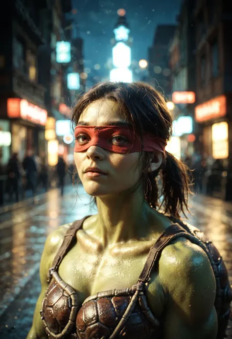 cinematic film still hybrid of [turtle:ninja0.5], green skin, muscular, (red blindfold over eye with eye holes cut out:1.1), (real turtle shell:1.4), (turtle head:1.4) turtle face, ninja, night city [turtle:5] [turtle|girl] 
.score_9, score_8_up, score_7_up,score_6_up, . shallow depth of field, vignette, highly detailed, high budget, bokeh, cinemascope, moody, epic, gorgeous, film grain, grainy, cartoon, character, concept