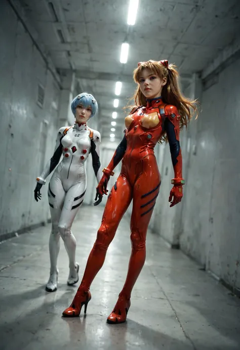 score_9, score_8_up, score_7_up, 2girls, ayanami rei and Asuka Shikinami Langley, neon genesis evangelion, Plugsuit, scifi industrial background , dynamic pose, dutch angle,