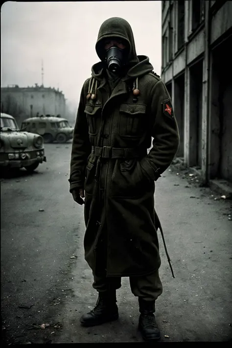 war photography, full body shot, poland, special forces operator, modern soldier gear, gas mask with filters and pipes, (olive and tattered hooded coat:1.4), large backpack, in dead soviet city, (s.t.a.l.k.e.r.:1.2), post apocalyptic mood,, (1960's war mood, analog, high contrast, hard shadows, vignetting, by Eddie Adams, made with Asahi Spotmatic SP:1.45)