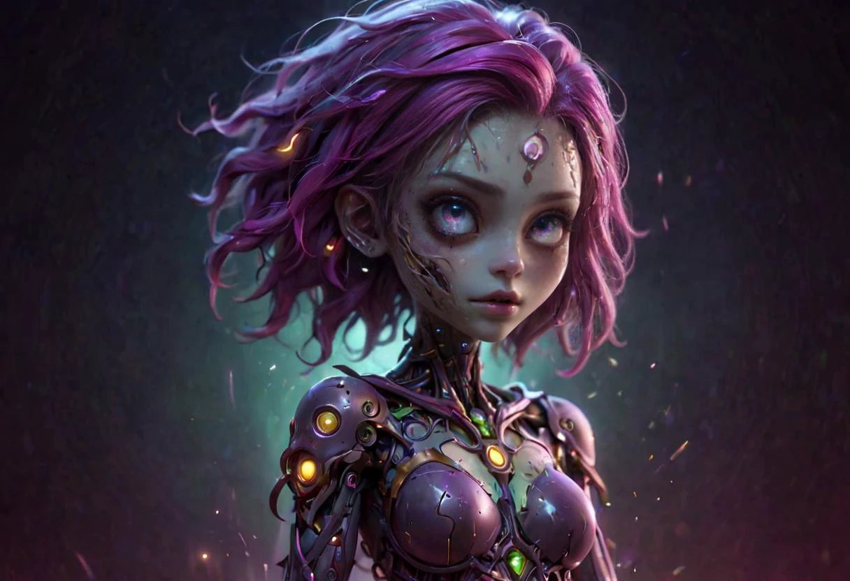 Cybercore Aesthetic, a cute magical zombie with twisted limbs in an enchanted wonderland, beautiful whimsical fantasy art concept, detailed background, glowing particles, intricate details, ultra sharp,<lora:Cybercore:1>