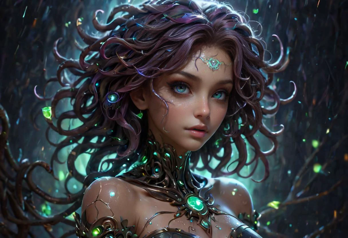 Cybercore Aesthetic, a cute magical medusa with petrifying gaze in an enchanted wonderland, beautiful whimsical fantasy art concept, detailed background, glowing particles, intricate details, ultra sharp,<lora:Cybercore:1>