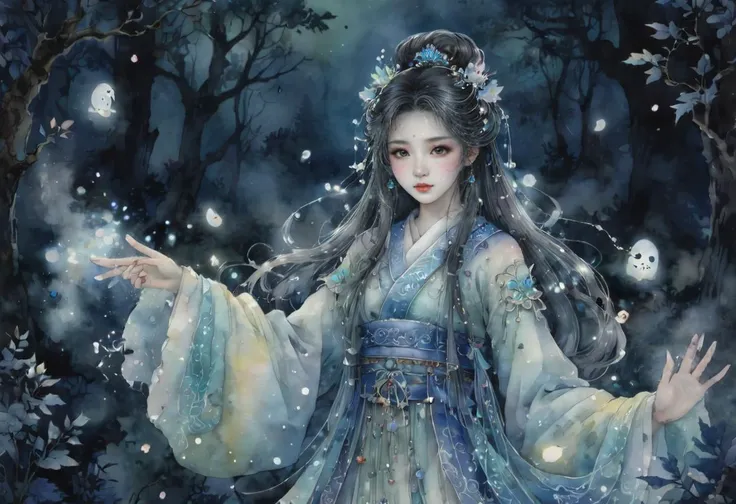 watercolor, chinese, traditional, hanfu, a cute magical ghost with lingering regrets in an enchanted wonderland, beautiful whimsical fantasy art concept, detailed background, glowing particles, intricate details, ultra sharp<lora:inkXLlokr4fjru:0.8>