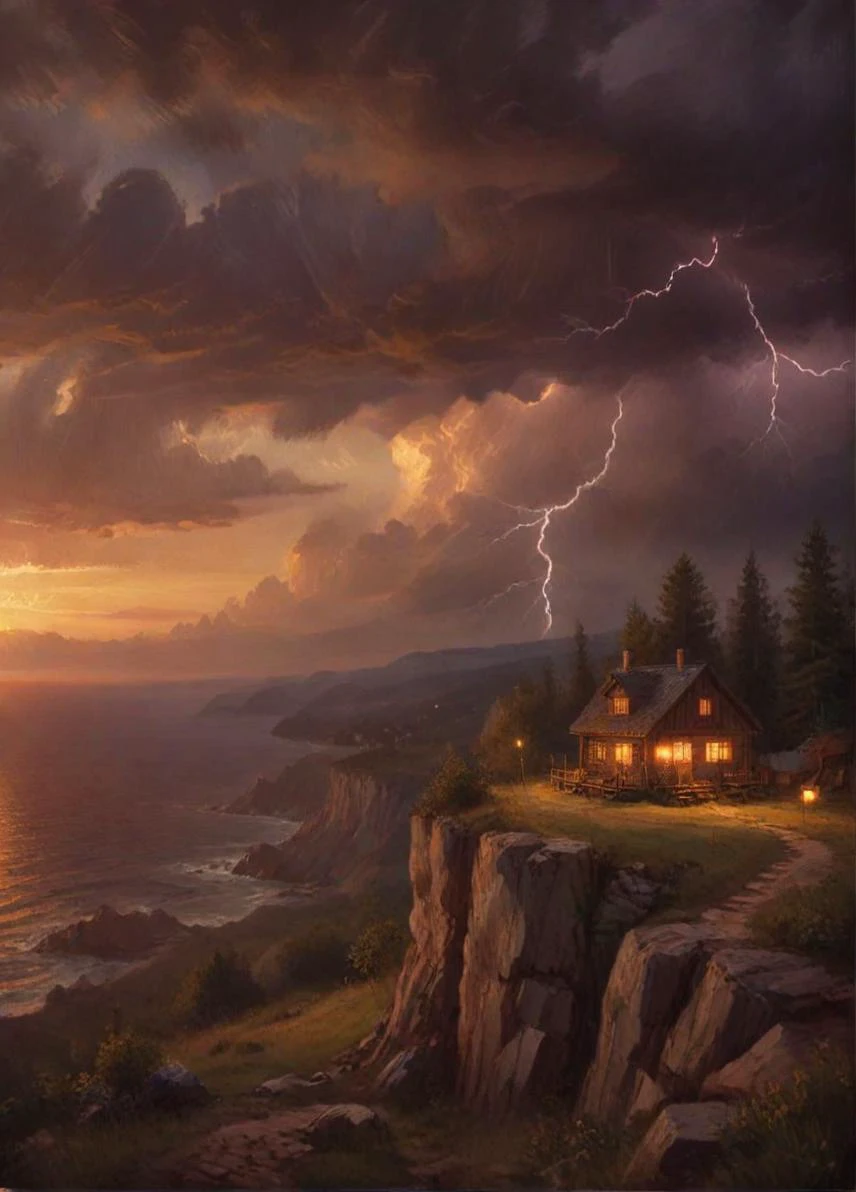cinematic film still astonishing scenary of a tiny cabin on the edge of a cliff, dark clouds, lightning storm, sunset, <lora:ClassipeintXL2.1:0.7> oil painting, . shallow depth of field, vignette, highly detailed, high budget, bokeh, cinemascope, moody, epic, gorgeous, film grain, grainy