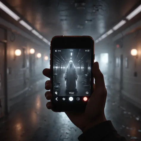 vhs style, first person view of someone holding a cellphone, ghost, solo, volumetric lighting, depth of field, cinematic
