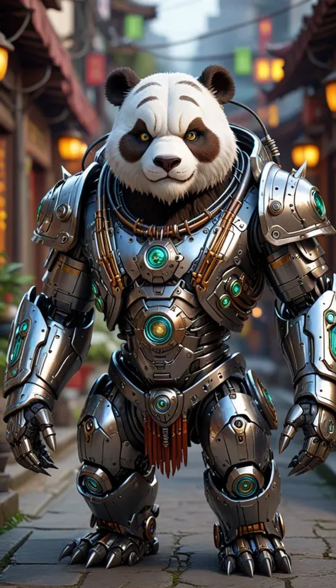 cybernetic robot pandaren. android, AI, machine, metal, wires, tech, futuristic, highly detailed,