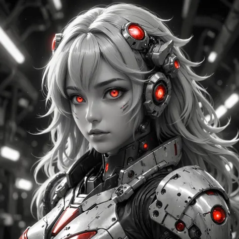 (((anime style))), space cowboy, neonpunk, science fiction, light power armor, woman, 40s scifi style, multiple monochrome, red eyes, blush, black and white
