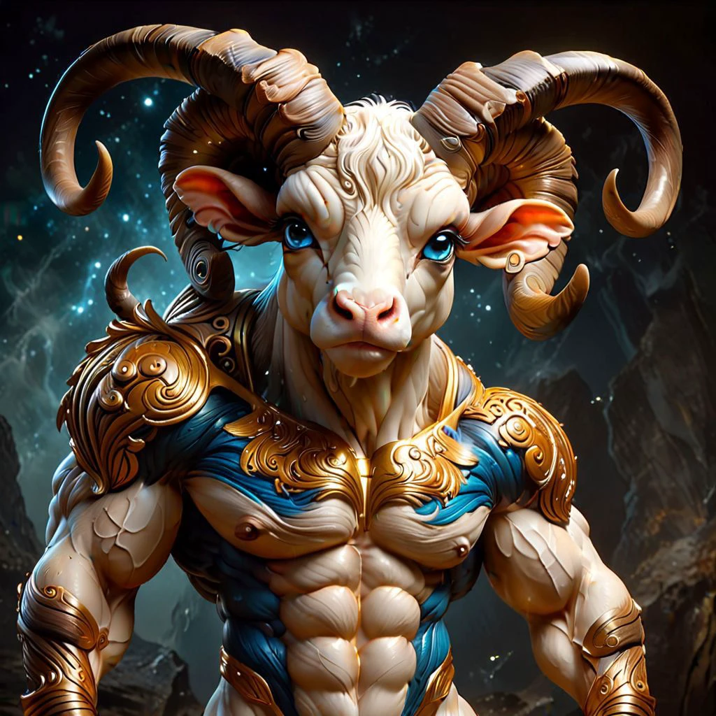 anthromuscular,caricature photography in the style of detailed hyperrealism ,aries creature ,fantasy,bold lines,hyper detailed<lora:MJ52:0.5> <lora:DetailedEyes_V3:1> <lora:SDXLFaeTastic2400:0.5> <lora:anthromuscular:0.7>