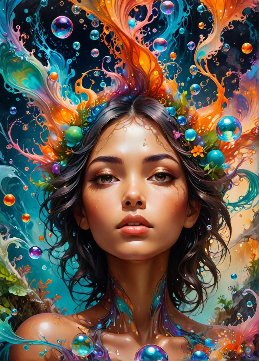 Psychedelic style beautiful pacific islander woman with dull earth tones, melting human head. acrylic bubbles and weeds, ferrofluids, water distortions. looking up, physically based unbiased rendering, <lora:SDXLFaeTastic2400:0.8> . Vibrant colors, swirling patterns, abstract forms, surreal, trippy