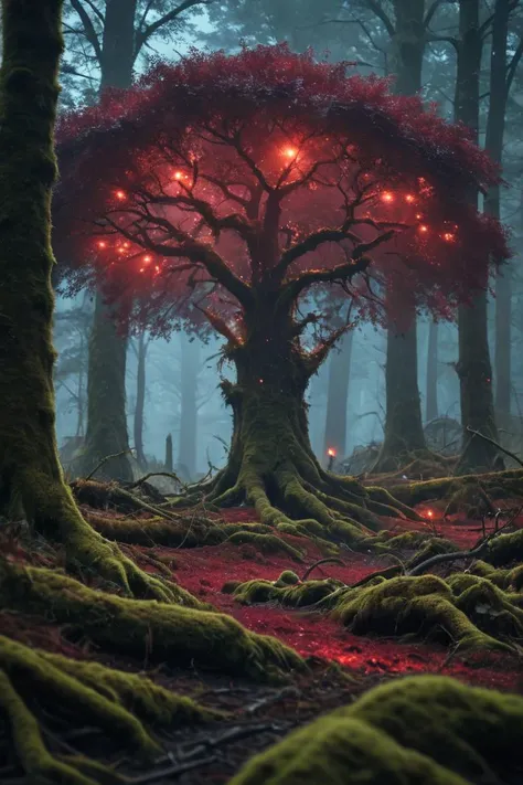 (8k analog photo,magical landscape,ruby glow:1.2), a obsidian tree in a magical forest with glittering moss all around, <lora:Bio-Luminescence:1> bioluminescent mist