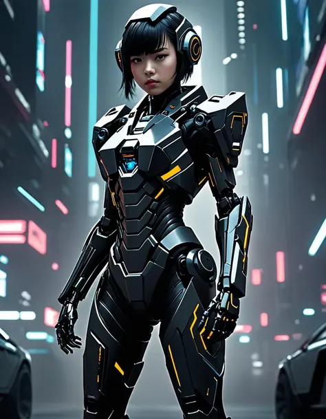 sci-fi style a girl in the dark, mecha, sci-fi armor, black matte angular armor, (cinematic pose,action pose ,buringi city, Bladerunner 2049, futuristic, technological, alien worlds, space themes, advanced civilizations