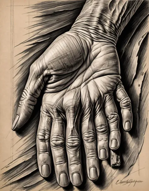 charcoal sketch unravels the story of a carpenter's life etched into the very fabric of his right hand. Time's passage is revealed in the deep-set lines, crow's feet fanning out from the corners of his eyes, and the rough, weathered texture of his skin. Scars, reminders of past struggles and triumphs, pepper the landscape of his palm and knuckles. Age spots accumulate on his fingertips, marking decades of labor and commitment to his craft. The stark contrast of graphite and paper gives depth and volume to the aged skin, capturing the essence of a lifetime devoted to woodworking and construction.