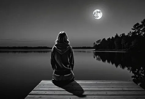 film noir style Set against a vast, inky sky, a woman, poised and self-assured, turned away and looking away, sit on the edge of a wooden dock, a placid lake mirrors the enormous full harvest moon at twilight, blooming lotuses, vibrant hues contrast against the darkened surroundings, chiaroscuro effects, wearing jeans and a hoodie with sneakers in the crisp cool air, style of Eric Zener and Tyler Shields, . monochrome, high contrast, dramatic shadows, 1940s style, mysterious, cinematic