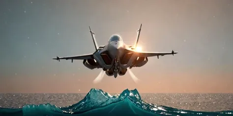 a future fighter jet fly's low over a crystal clear ocean at hypersonic speed, particles, raytracing, photo, NIGHT, dlss3.5