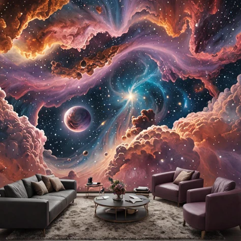 
(Masterpiece) A celestial panorama of space unfolds, revealing a cosmic tapestry adorned with nebulous clouds, swirling galaxies, and enigmatic black holes.

[Description of Action, State, and Mood]: Nebulas gracefully billow and twist, black holes cast mysterious shadows on the fabric of space, and galaxies engage in a cosmic dance. The mood is one of awe-inspiring wonder, capturing the sublime beauty of the universe.

[Art Form, Style, and Artist References]: Rendered in a digital art form, this space depiction draws inspiration from the surreal styles of artists like Alex Grey and the cosmic grandeur found in the works of NASA's space photographers.

[Additional Settings]: Bathed in the soft glow of distant stars, the image employs a cosmic palette of deep blues, ethereal pinks, and majestic purples. The framing accentuates the vastness of space, allowing the viewer to feel immersed in the grand spectacle of the cosmos.

Photo, raytracing, real