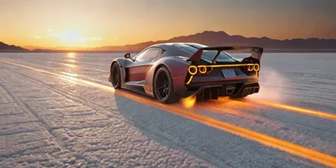 a future racecar driving fast across an alien salt flat, sunset, headlights and taillights on, speed,  particles, atmospheric, dust, raytracing, real lighting, photo
