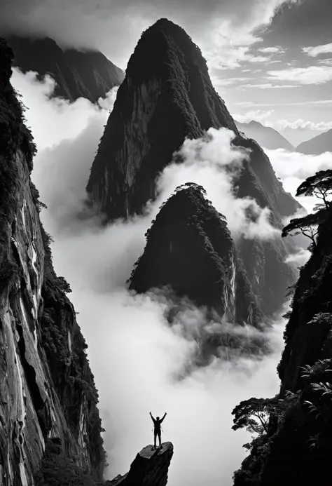 silhouette style Triumphant against the elements, the athlete conquers the precipitous cliffside of Taroko Gorge, Taiwan. Majestic mountains pierce the heavens, while the swirling mist and fog envelop the rugged terrain, lending an air of mystery and intrigue. The woman, agile and assured, tackles the arduous climb with unwavering determination. A sense of drama permeates the scene, as she disappears briefly into the dense cloud cover, only to emerge stronger and more resolute. This award-winning landscape photograph embodies the spirit of adventure, inviting the viewer to explore the remote beauty of this natural wonder. . high contrast, minimalistic, black and white, stark, dramatic