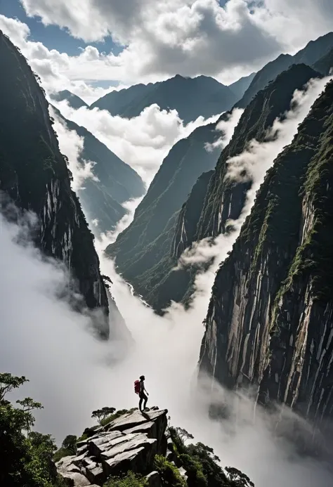 silhouette style Triumphant against the elements, the athlete conquers the precipitous cliffside of Taroko Gorge, Taiwan. Majestic mountains pierce the heavens, while the swirling mist and fog envelop the rugged terrain, lending an air of mystery and intrigue. The woman, agile and assured, tackles the arduous climb with unwavering determination. A sense of drama permeates the scene, as she disappears briefly into the dense cloud cover, only to emerge stronger and more resolute. This award-winning landscape photograph embodies the spirit of adventure, inviting the viewer to explore the remote beauty of this natural wonder. . high contrast, minimalistic, black and white, stark, dramatic