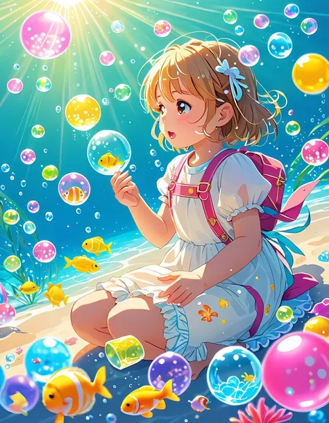 kawaii style Submerge yourself in a world of aquatic enchantment as a young child, eyes closed in concentration, blows delicate soap bubbles beneath the ocean's surface. The bubbles drift and mingle with the diverse marine life, forming an ethereal link between the human world and the underwater kingdom. Schools of fish dart among vibrant coral reefs, their colors intensified by the filtered sunlight streaming down from above. Sunbeams dance on the sandy floor, casting intricate patterns and illuminating the scene, while the child, completely absorbed in this magical experience, continues to release a continuous stream of iridescent spheres. . cute, adorable, brightly colored, cheerful, anime influence, highly detailed