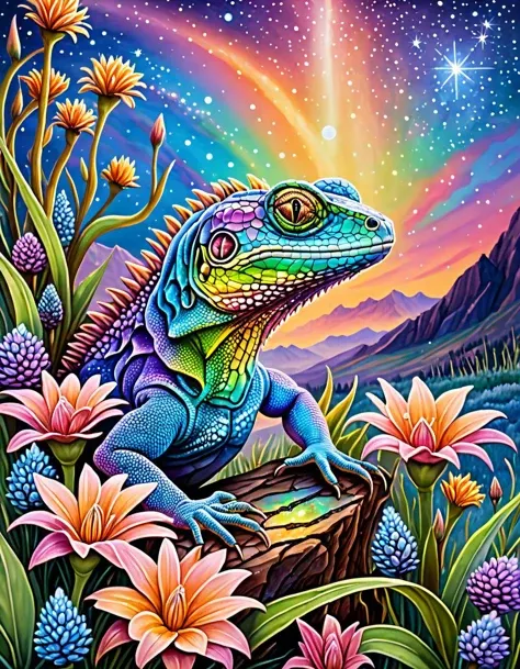 An atmospheric oil painting transports the viewer to a realm where reality and fantasy intertwine. The hyper-real portrait of a hauntingly beautiful pastel rainbow scaled sky lizard captivates with its hypnotic, watery eyes. Sorrows flowers and crystalline structures frame the creature, evoking feelings of loss and rebirth. The background transitions from a photo-real pastel galaxy to a field of distant stars, blurring the boundary between the cosmic and the terrestrial. The lizard's scales shift in hue, reflecting the ethereal glow of its surroundings. This mesmerizing work of art invites reflection on the relationship between beauty, nature, and the universe.