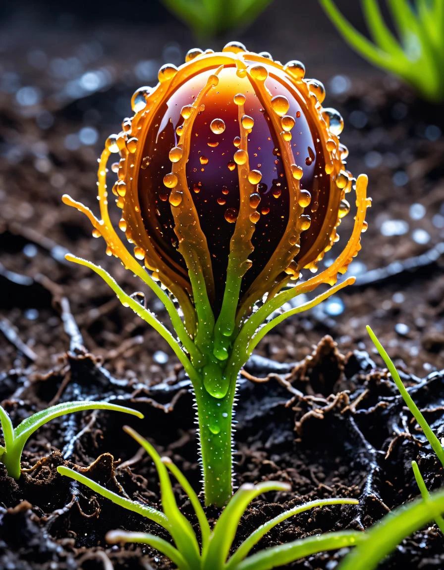 alien-themed Captured with surgical precision, the emerging alien seedling breaks through the dark soil, its textured carapace glistening with residual moisture. Root-like appendages intertwine, reaching out into the unknown, as low-key lighting casts eerie shadows, enhancing the mysterious atmosphere. Macro photography style showcases high-resolution details of this otherworldly life form, revealing the stark contrast between the damp earth and the prime lens clarity. Moisture droplets cling to the budding organism, evoking a sense of awe and curiosity. . extraterrestrial, cosmic, otherworldly, mysterious, sci-fi, highly detailed