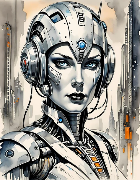 watercolor painting portrait of a cybernetic robot, pulp art inspired by Margaret Brundage and Rolf Armstrong, completed in a Chinese ink painting style (Xieyi), loose brush strokes and slight hints of color on an otherwise black and white image, evocative eyes look down on the viewer, dynamic pose in front of a gray metropolis city from Fritz Lang, use of negative space and sketchy lines, ink art, . vibrant, beautiful, painterly, detailed, textural, artistic
