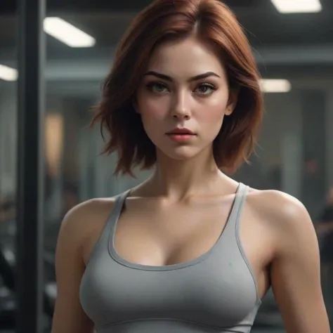 (Beautiful rough woman), highly detailed beautiful face, highly detailed body, dark brown eyes with cat eye liner, ( auburn hair) in a ( Faded Comb-Over with Line Up style ), wearing Cropped wide-leg pants with seamless tights and a Asymmetrical top, in a gym, braless fit, night dramatic lighting, cinematic trending on Artstation, oil painting, dramatic brush strokes, sharp focus, illustration, art by Noriyoshi Ohrai