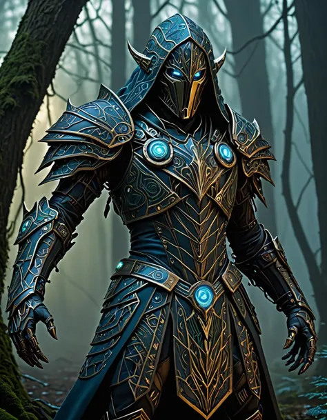 cybernetic robot A hooded wood elf hunter, weathered by time and battle, emerges from the shadowy depths of a dark, ethereal forest. Adorned with intricate ree spirit symbols and patterns, his full armor glimmers softly in the moonlit night, punctuated by moments of vibrant contrasting colors. Athletic and poised, the hunter gazes intently at the viewer, his eyes reflecting the wisdom of ages. Wisps of fog curl around his form, adding a layer of mystery to the enchanting scene. Executed in the style of Stephen Hickman and Stan Manoukian, this concept painting utilizes natural lighting and soft shadows to create a mesmerizing, otherworldly atmosphere. . android, AI, machine, metal, wires, tech, futuristic, highly detailed