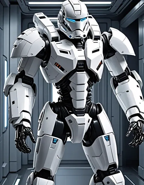 cybernetic robot Clad in gleaming white armor, the Mecha Stormtrooper from Star Wars cuts an imposing figure. Standing tall and poised for action, the soldier's angular features mirror the cold efficiency of their Empire overlords. Layers of intricate machinery and advanced technology combine to create a formidable exoskeleton, housing a highly trained operative within. Polished surfaces reflect the ambient light, casting long, dramatic shadows that speak to the Trooper's ominous presence. Although silent and stoic, their reputation precedes them, striking fear into the hearts of enemies and allies alike. . android, AI, machine, metal, wires, tech, futuristic, highly detailed