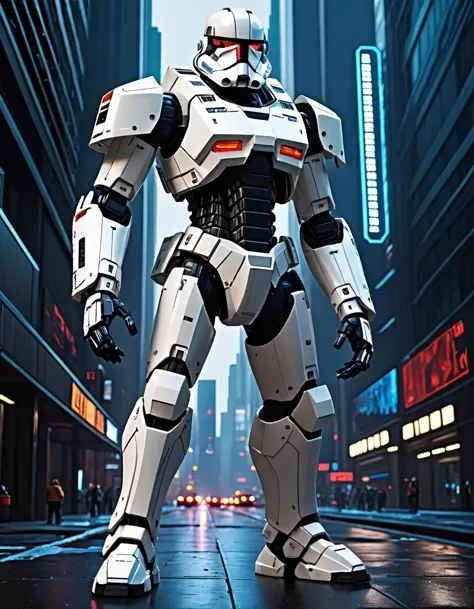 cyberpunk cityscape Clad in gleaming white armor, the Mecha Stormtrooper from Star Wars cuts an imposing figure. Standing tall and poised for action, the soldier's angular features mirror the cold efficiency of their Empire overlords. Layers of intricate machinery and advanced technology combine to create a formidable exoskeleton, housing a highly trained operative within. Polished surfaces reflect the ambient light, casting long, dramatic shadows that speak to the Trooper's ominous presence. Although silent and stoic, their reputation precedes them, striking fear into the hearts of enemies and allies alike. . neon lights, dark alleys, skyscrapers, futuristic, vibrant colors, high contrast, highly detailed