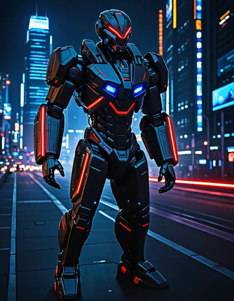 cyberpunk cityscape Against the pitch-black backdrop of the cyberpunk metropolis, the mecha police robot now sports a sleek, flat-black finish, tailor-made for maximum stealth and secrecy. Flashing red and blue warning lights blink intermittently, slicing through the darkness to announce the arrival of this formidable guardian of justice. The machine's sinister appearance evokes a sense of caution, and the occasional pulse of light reminds citizens of its relentless vigilance. Equipped with state-of-the-art technologies and armed to the teeth, this menacing figure safeguards the city from crime and disorder with unyielding resolve. . neon lights, dark alleys, skyscrapers, futuristic, vibrant colors, high contrast, highly detailed
