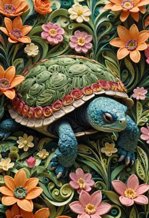 paper quilling art of ,art of an award-winning photo of a turtle laying in flowers looking over his shoulder:1.5, hyperrealistic, natural habitat, beautiful  flowers, Intricate, delicate, curling, rolling, shaping, coiling, loops, 3D, dimensional, ornamental
 . intricate, delicate, curling, rolling, shaping, coiling, loops, 3D, dimensional, ornamental