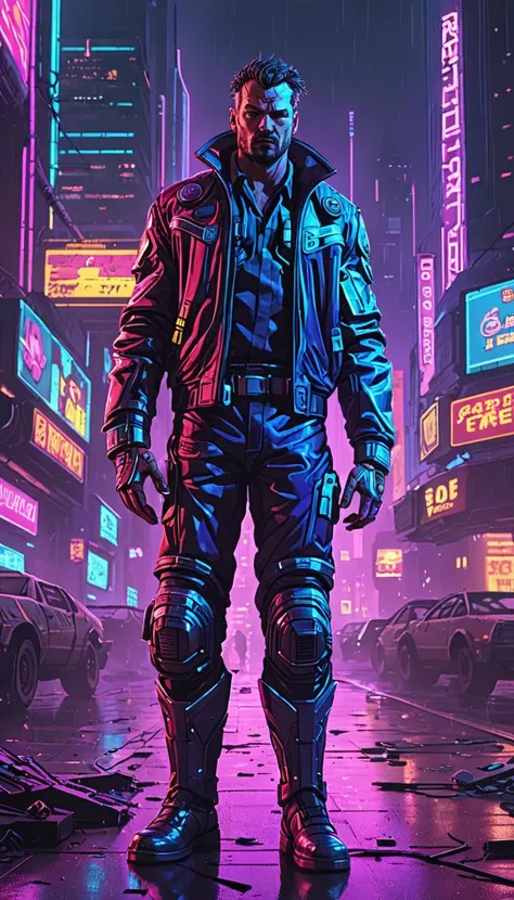 retro cyberpunk Conjure up a gritty, high-tech vision of the future where neon lights illuminate rain-soaked streets beneath towering skyscrapers. In this world lives a grizzled, cybernetic protagonist - part man, part machine. Adorned with cutting-edge tech implants visible under their torn sleeves, our hero struggles with maintaining humanity amidst constant temptations of advanced AI integration. With a steely gaze and clenched jaw, they stand ready to fight for justice against all odds, embodying both the triumph and tragedy of human evolution in a technologically driven era. style of Piotr Foksowicz, style of Maciej Kuciara, . 80's inspired, synthwave, neon, vibrant, detailed, retro futurism