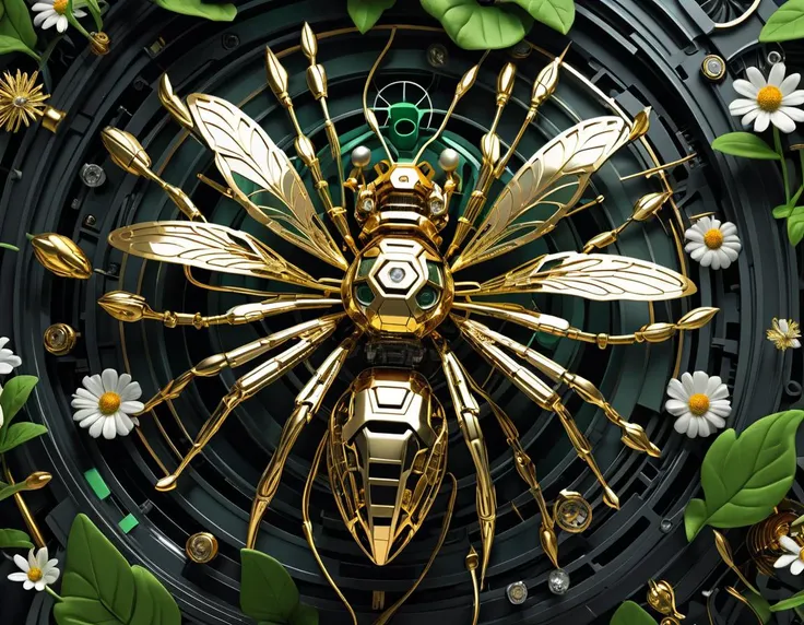 biomechanical style Absolutely! Here's your SDXL prompt:
"Create a captivating image blending organic beauty with artificial ingenuity, featuring a sophisticated biomechanical robot bee diligently collecting nectar from a pristine white daisy. Combining intricate botanical details with lifelike robotic mechanics, let the viewer explore a world where nature meets technology seamlessly. Observe the metallic sheen of the bee's exoskeleton gleaming in sunlight filtering through verdant foliage overhead, creating striking highlights and shadows on the petals as it tirelessly navigates the flower's labyrinthine interior. Infuse subtle hints of steampunk design language throughout the robotic construct, employing rich earth tone colors and weathered metal finishes to enhance authenticity. Render the final output using breathtaking 8k resolution visuals bursting with vivid, natural hues, pinpoint accuracy, and immaculate levels of detail, making for a visually engaging experience unlike any other." . blend of organic and mechanical elements, futuristic, cybernetic, detailed, intricate