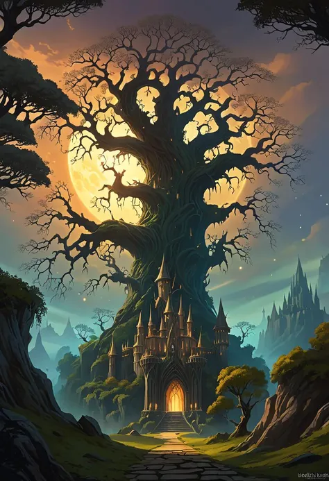ethereal fantasy concept art of Breathtaking Ethereal Fantasy Concept Art of an Ancient Corrupted Tree & Celestial Fairy Castle, blending Andreas Rocha's dreamlike style with H.P. Lovecraft's uncanny mysticism, manifesting an ancient gnarled tree wracked by corruption, contorted branches stretch towards the heavens, embracing a lavish celestial fortress inhabited by enchanted fairies, dim eerie light from within the castle, bathing both the tree and its foreboding surroundings in spectral brilliance, an ominous yet captivating ambiance, this opulent masterpiece shall transfix viewers with its fascinating dichotomy of good vs. evil, . magnificent, celestial, ethereal, painterly, epic, majestic, magical, fantasy art, cover art, dreamy