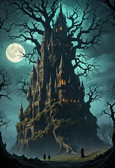 lovecraftian horror Breathtaking Ethereal Fantasy Concept Art of an Ancient Corrupted Tree & Celestial Fairy Castle, blending Andreas Rocha's dreamlike style with H.P. Lovecraft's uncanny mysticism, manifesting an ancient gnarled tree wracked by corruption, contorted branches stretch towards the heavens, embracing a lavish celestial fortress inhabited by enchanted fairies, dim eerie light from within the castle, bathing both the tree and its foreboding surroundings in spectral brilliance, an ominous yet captivating ambiance, this opulent masterpiece shall transfix viewers with its fascinating dichotomy of good vs. evil, . eldritch, cosmic horror, unknown, mysterious, surreal, highly detailed