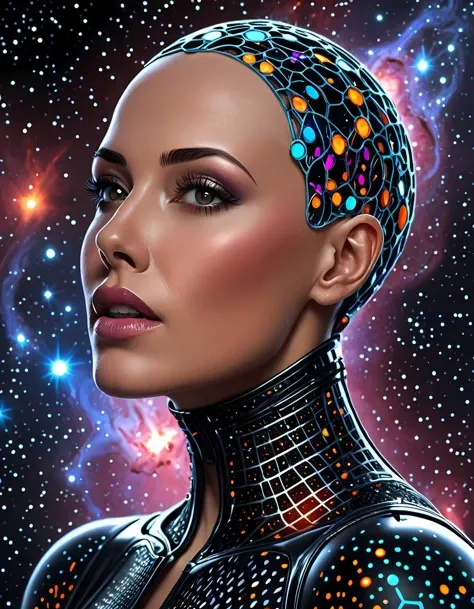 space-themed futuristic Conceptual Art of a bald neural network bioengineered woman, solo, dark theme, (in awe:1.2), confident, (surprised:0.7), natural skin, trypophobia:0.8, with background from the side, looking at viewer, cowboy shot, dark nebula background, physically based unbiased rendering, natural lighting, soft shadows, Macabre, Moody Light, colorful,\nstyle of Stan Manoukian\n\nphysically based unbiased rendering, natural lighting, soft shadows, extremely high-resolution details, photographic, realism pushed to extreme, fine texture, 4k, ultra-detailed, high quality, high contrast, . cosmic, celestial, stars, galaxies, nebulas, planets, science fiction, highly detailed