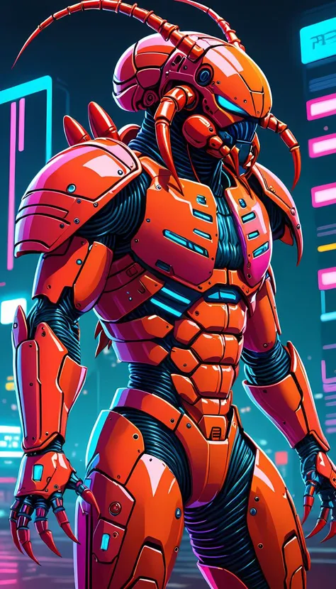 retro cyberpunk Create a masterpiece digital artwork that features a retro-futuristic cyberpunk human warrior wearing intricately designed lobster-themed armor with menacing crab pinchers. The image should be highly detailed and symmetrical, with a sharp focus on the warrior's defined muscles and textured skin. Incorporate elements such as needles and other sharp objects to add depth and complexity to the design. Take inspiration from the vivid colors and synthwave aesthetic of the 1980s, incorporating bright neons and bold contrasts reminiscent of Kentaro Miura's iconic manga art style. This cutting-edge piece is sure to be trending on ArtStation. . 80's inspired, synthwave, neon, vibrant, detailed, retro futurism