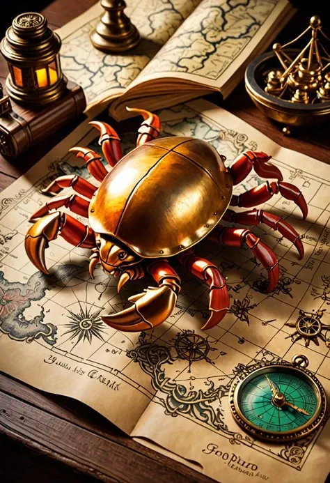ethereal fantasy concept art of Compose a hyper-realistic still life image depicting a well-worn Pirate Treasure Map lying open on a wooden desk aboard a creaky Pirate Ship, viewed through an extreme close-up lens that reveals even the smallest intricacies of the scene. Using Steampunk-inspired motifs, incorporate a curious Mechanical Crab robotically crawling across the parchment, leaving tiny imprints in its wake as if searching for hidden riches beneath the aged paper fibers. Leveraging the power of the Fujifilm XT3, capture every minute detail with crisp clarity â from the rough-hewn texture of the tabletop planks to the fine creases etched deeply into the map itself. Bathe the composition in moody chiaroscuro lighting, enhancing the sense of drama and mystery inherent in all great treasure hunts. Through skillful manipulation of depth-of-field and focus, ensure the viewer's gaze remains firmly centered on the metallic shell of the roving Crustacean, thereby elevating it to star status within this otherwise ordinary seafaring snapshot. . magnificent, celestial, ethereal, painterly, epic, majestic, magical, fantasy art, cover art, dreamy