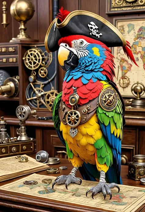 an epic scene of perfect mix between a human and a parrot, cyborg style, solo, with a natural multicolored parrot's head and a human body, large pirate treasure map sitting on the desk of the captain's quarters, on a pirate ship, beautifully ornate steampunk parrot, colorful parrot, (pirate:1.2) parrot, pirate hat, from side, looking at viewer,steampunk:1.2, clip skip:1.4,\n\nrule of thirds, photorealistic, Fujifilm XT3, Ultra Realistic, High quality, Highly detailed, trending on artstation, intricate detailed background