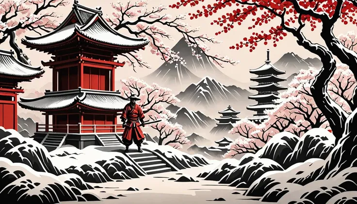 Ink Illustration: Precise, intricate, (monotone with a splash of red), (an oriental Edo-period Artwork, Samurai's Last Stand), snow-covered shrine, cherry blossom trees:2 fallen warriors:0.3, poised ronin:0.5, cascading petals, symbolic katana:3, ancient Japan, tales of honor, (deep ink black and vibrant red:1.1) traditional shades, epic duels, alt_historical, rice paper canvas, sharp detailing, samurai lore, the weight of tradition, the fleeting nature of life, and honor above all,