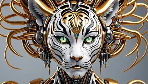 cybernetic style Prepare for a thrilling glimpse into the future as we present the Cybernetic Tiger Queen and her Mechanized Companion in astonishing photorealistic detail. Captured in ultra-high definition 8K resolution, the regal monarch dons luxurious gold adornments, her expression poised between fierce determination and irresistible charm. Accompanying her is a state-of-the-art robotic tiger, highly detailed light grey eyes, seamlessly combining cutting-edge technology with raw power. Each component appears authentic, right down to the finest wires and artificial muscle fibers. Intricately textured locks tumble into a tousled bun, revealing subtle wisps framing her face. An elaborate, hyperrealistic environment surrounds our subjects, imbuing depth and context to this incredible vision. Expertly lit by dynamic cinematographic techniques, this masterpiece propels us headfirst into a fascinating world where advanced engineering meets unparalleled elegance. Brace yourself for a breathtaking journey beyond the limits of possibility! . futuristic, technological, cybernetic enhancements, robotics, artificial intelligence themes