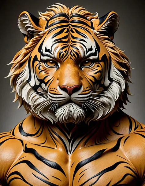 Create a flawless synthesis of rugged Masculinity (man | tiger) hybrid, fierce Feline Grace in the form of a Hybrid Beast, displaying lifelike Human Skin infused with vivid Tiger Striping, natural human head with tiger ears and tiger eyes. Focus tightly on its Left Eye, capturing every minute detail and nuance through Physically Unbiased Rendering techniques. Showcase the raw power and predatory instincts simmering beneath the surface, skilfully balancing the line between Human Intellect and Animalistic Instinct. Allow the animalistic intensity to shine through the hyper-realistic depiction, conveying a profound emotional resonance that transcends species boundaries.