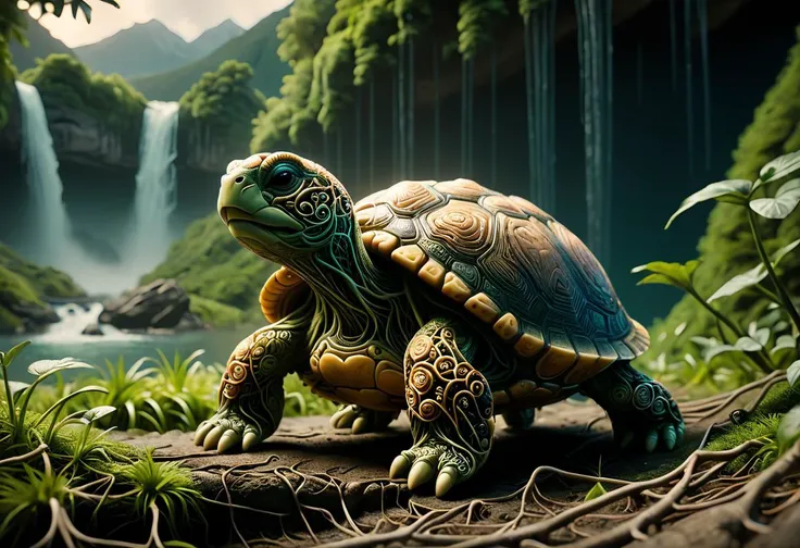 cinematic film still ral-braynclz style, A smiling, alien turtle emerges from its hiding spot on a mountain path near a waterfall, surrounded by volumetric vapors that create an ethereal atmosphere (water effect). The creature stands in front of a lush forest backdrop under dark skies, showcasing intricate details reminiscent of James Stokoe's artwork at 8K UHD resolution. . shallow depth of field, vignette, highly detailed, high budget, bokeh, cinemascope, moody, epic, gorgeous, film grain, grainy, <lora:ral-braynclz:1.0>,
