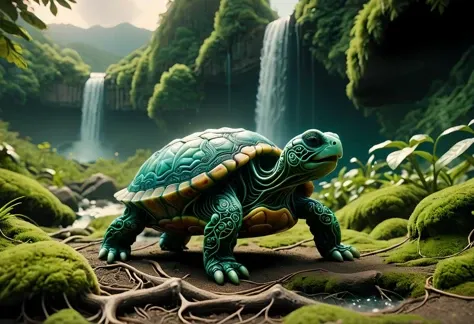 cinematic film still ral-braynclz style, A smiling, alien turtle emerges from its hiding spot on a mountain path near a waterfall, surrounded by volumetric vapors that create an ethereal atmosphere (water effect). The creature stands in front of a lush forest backdrop under dark skies, showcasing intricate details reminiscent of James Stokoe's artwork at 8K UHD resolution. . shallow depth of field, vignette, highly detailed, high budget, bokeh, cinemascope, moody, epic, gorgeous, film grain, grainy, <lora:ral-braynclz:1.0>,